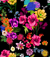 Watercolor floral seamless pattern for wallpaper, prints design. Flower background. Summer textile texture. Ornament illustration. Decorative flowers