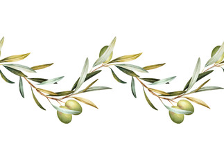 Seamless border of green olive tree branches. Hand drawn watercolor illustration. Decorative design...