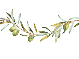 Seamless border of green olive tree branches. Hand drawn watercolor illustration. Decorative design elements.
