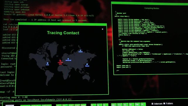 Running hacker like computer codes and information on digital screen