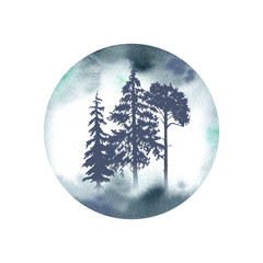 Silhouettes of three pine trees on watercolor background. Misty forest illustration.