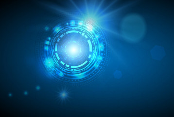 Vector Abstract technology background with eyeball, circuit board, speed motion blur of light rays, arrow, stripe line on dark blue background. Hi-tech, science, futuristic, energy technology concept