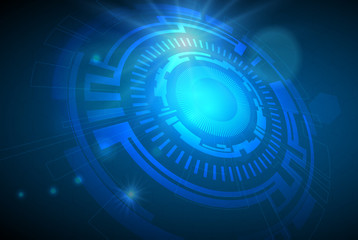 Vector Abstract technology background with eyeball, circuit board, speed motion blur of light rays, arrow, stripe line on dark blue background. Hi-tech, science, futuristic, energy technology concept