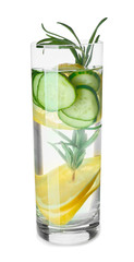 Glass of tasty infused water on white background