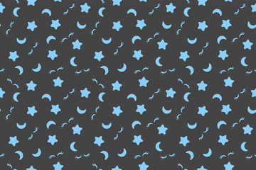 Good night pattern. Seamless print. Grey background. Vector illustration. Blue moon, stars textile print.