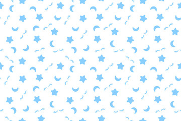 Good night pattern. Seamless print. White background. Vector illustration. Blue moon, stars textile print.