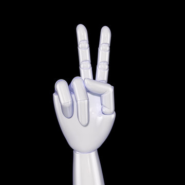 Isolated on black artificial hand showing victory geisture