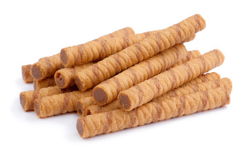 Wafer rolls with chocolate and cocoa filling isolated on white
