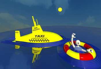 Unusual service, a drowning character calling a taxi in the middle of the sea, submarine yellow cab responds 3D illustration 2. Perspective view, sky background. Collection.