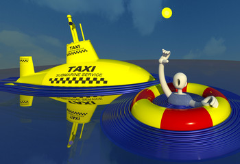 Unusual service, a drowning character calling a taxi in the middle of the sea, submarine yellow cab responds 3D illustration 1. Perspective view, sky background. Collection.