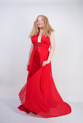 Fashion Asian Blonde Model in Red Beauty Long Dress