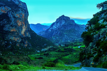 Beautiful sunset in a mountain valley along the road to Chefchaouen in Morocco