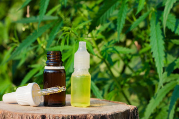 Pharmaceutical CBD oil. Herbal organic medicine product. Natural herb essential from nature. Bottle...