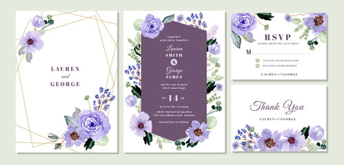 wedding invitation suite with violet floral watercolor