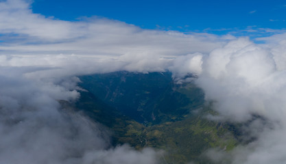 Panorama of the lake Djupvatnet on the road to mount Dalsnibba in Norway. Aerial(drone) shot in july 2019