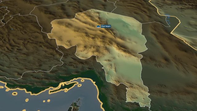 Kerman - province of Iran with its capital zoomed on the physical map of the globe. Animation 3D