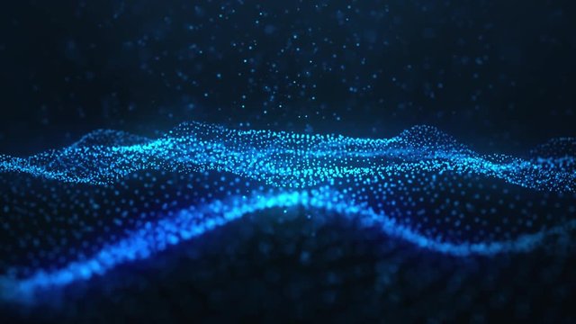 Abstract motion background of shining particles. Digital signature with wave particles, sparkle. Beautiful blue floating particles with shine light rise up. Seamless Loopable 3D. 4K animation