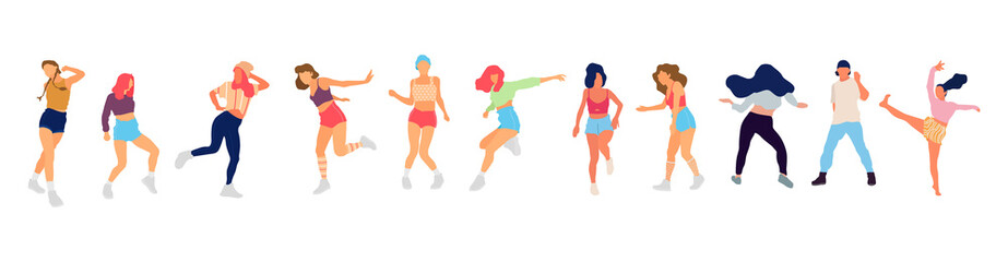 Crowd of young people dancing at club. Big set of characters having fun at party. Flat colorful vector illustration.