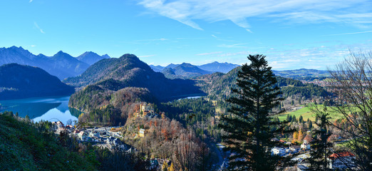 Alpsee lake and Hohenschwangau castle, Alpine landscape near Füssen town in Bavaria, Germany. 
