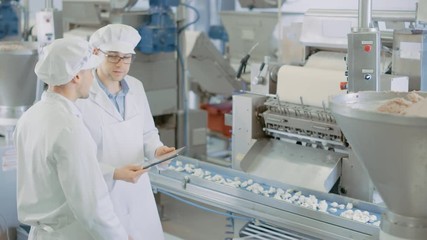 Two Young Male Quality Supervisors or Food Technicians are Inspecting the Automated Production at a Dumpling Food Factory
