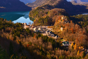 Alpsee lake and Hohenschwangau castle, Alpine landscape near Füssen town in Bavaria, Germany. 