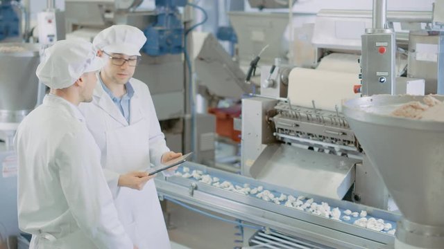 Two Young Male Quality Supervisors or Food Technicians are Inspecting the Automated Production at a Dumpling Food Factory