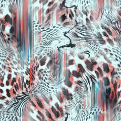 Mix animal skin print repeat seamless pattern design. Leopard, snake, zebra, tiger, crocodile texture background.