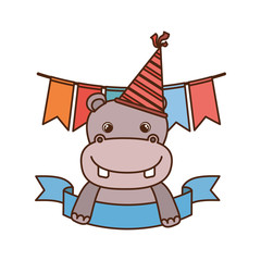 cute hippo with party hat on white background
