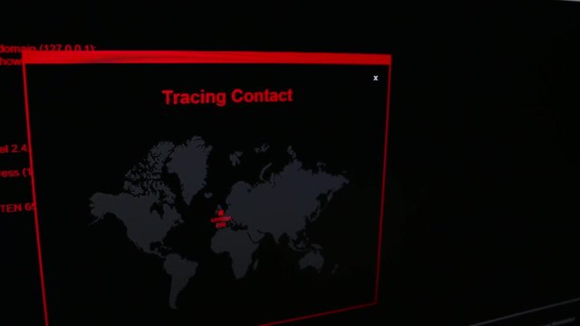 Running hacker like computer codes and information on digital screen
