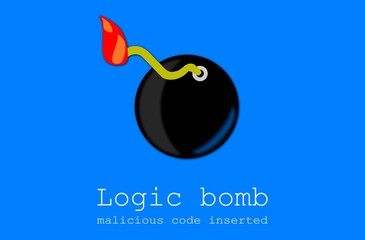 Illustration, poster of a Logic Bomb, a code inserted into a software system, also known as a Time Bombs. Inherently malicious. Blue background.