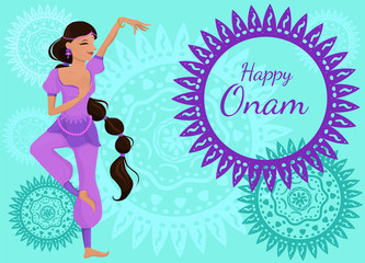 Obraz na płótnie Canvas Congratulatory poster or banner with the inscription Happy Onam. A beautiful Indian woman in a dance pose. Vector graphics.