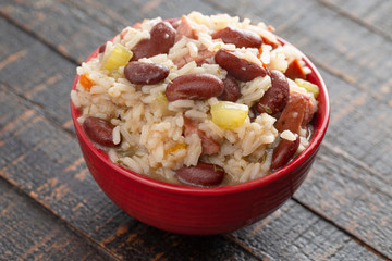 Bowl of Red Beans and Rice with Sausage and Vegetables