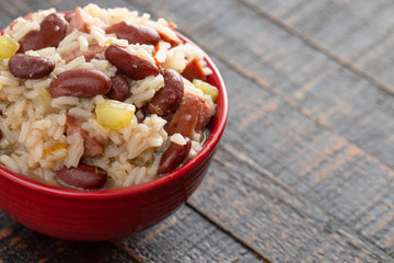 Bowl of Red Beans and Rice with Sausage and Vegetables