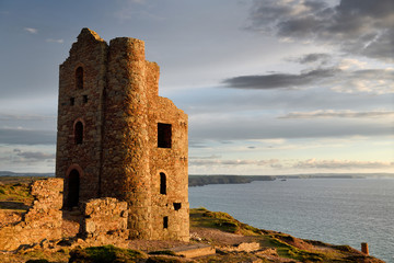 Abandoned Stone Stamps and Whim Engine house at Wheal Coates tine mine on the Celtic Sea Cornwall England