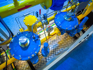 Gas supply pipes. Gas pipeline with pressure gauge. Natural gas liquefaction. Gas distribution...