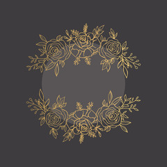 Hand Drawn Golden Floral Round Frame. Gold Rosses Frame with place for text.