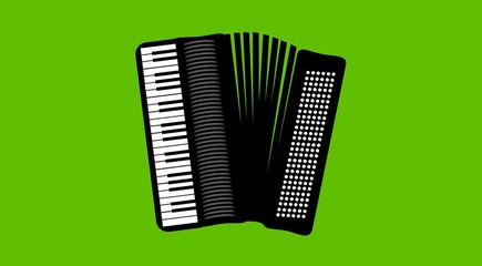Illustration, isolated, piano accordion. Wind musical instrument. Graphic on green background.