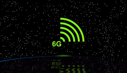 Illustration, poster 6G in the firmament, and reflections on the water. Telecommunications New Generation Network Connectivity. Cellular mobile communications. Sky and stars.