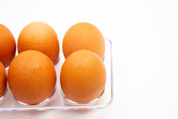 Eggs form refrigerator with water droplets on white background.
