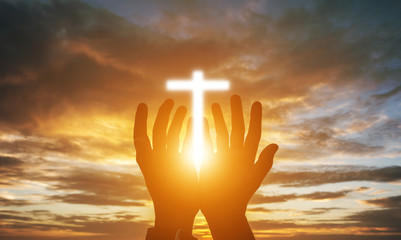Human hands open palm up worship. Eucharist Therapy Bless God Helping Repent Catholic Easter Lent Mind Pray. Christian Religion concept background. fighting and victory for god - obrazy, fototapety, plakaty