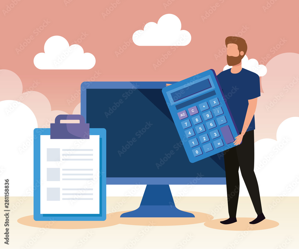 Poster businessman with calculator and computer technology and document