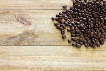 coffee beans on wood table top view