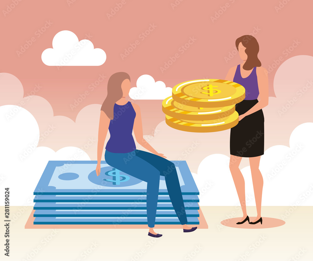 Canvas Prints businesswomen with coins and bills cash money