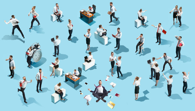 Conceptual image of business processes with businessman and businesswoman on blue. Flat isometric view. The human resources, communication, internet, teamwork concept. Miniature people. Collage