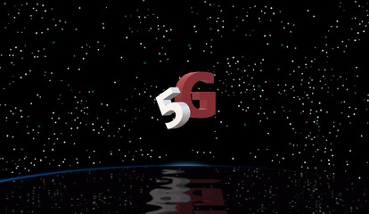 3D Illustration. Poster 5G in the firmament, and reflections on the water. Speed of the massive connectivity of the device. Telecommunications Fifth Generation Network Connectivity.