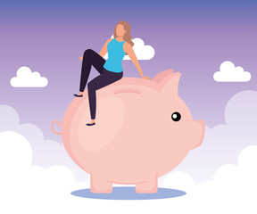 businesswoman with piggy to save cash money