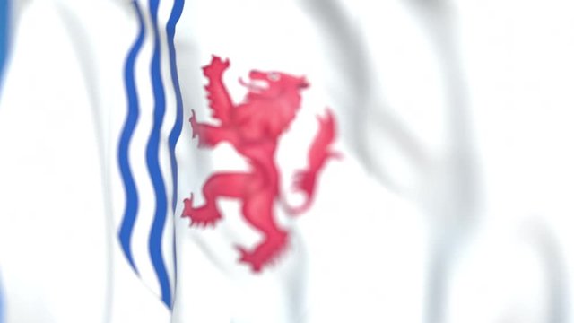 Waving flag with coat of arms of Nouvelle-Aquitaine, a region of France. Close-up, loopable 3D animation
