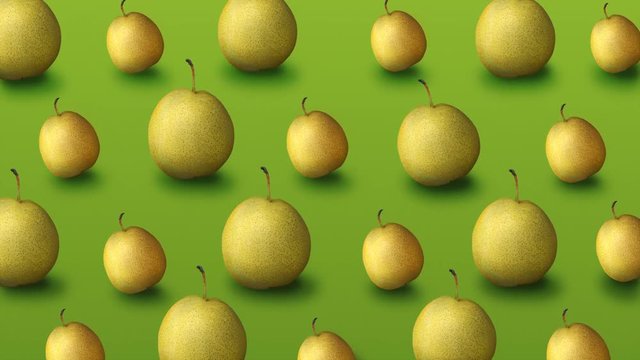 Colorful fruit pattern of fresh yellow pears on green background. 4k video