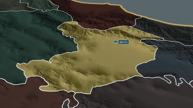 Qazvin - province of Iran with its capital zoomed on the administrative map of the globe. Animation 3D