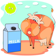 A pack of milk with cute cow. cartoon vector illustration.